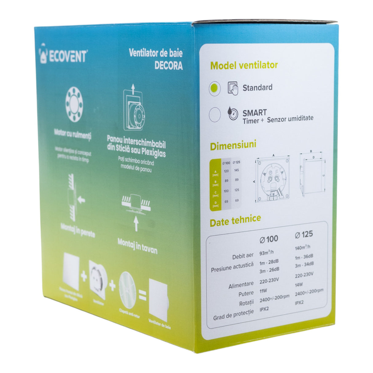 Ventilator de baie Ecovent DECORA SMART, Ø100, Super Silent, Senzor Umiditate, Timer, Panou sticlă, Clapetă antiretur, Debit 93 m3/h, Garanție 5 ani, Negru Mat