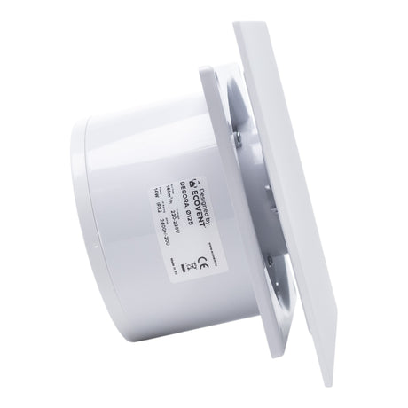 Ventilator de baie Ecovent DECORA, Ø125, Super Silent, Panou Plexiglas schimbabil, Clapetă antiretur, Debit 140 m3/h, Garanție 5 ani, Alb Mat