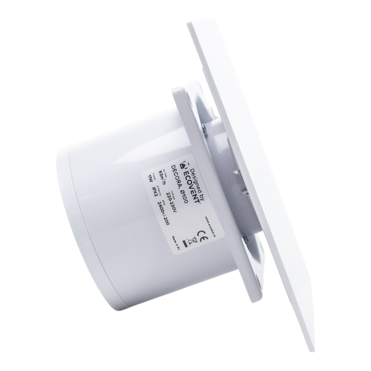 Ventilator de baie Ecovent DECORA, Ø100, Super Silent, Panou Plexiglas schimbabil, Clapeta antiretur, Debit 93 m3/h, Garanție 5 ani, Alb