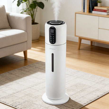 Umidificator Evoair STEAMIX8500 Smart, Wifi, Rezervor 8.5L, Capacitate de umidificare 300ml/h, Senzor umiditate, Mod Auto, Autonomie 28 ore, Lampă UVA, Aromaterapie, Indicator umiditate și temperatură, Telecomandă, Alb