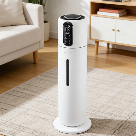 Umidificator Evoair STEAMIX8500 Smart, Wifi, Rezervor 8.5L, Capacitate de umidificare 300ml/h, Senzor umiditate, Mod Auto, Autonomie 28 ore, Lampă UVA, Aromaterapie, Indicator umiditate și temperatură, Telecomandă, Alb