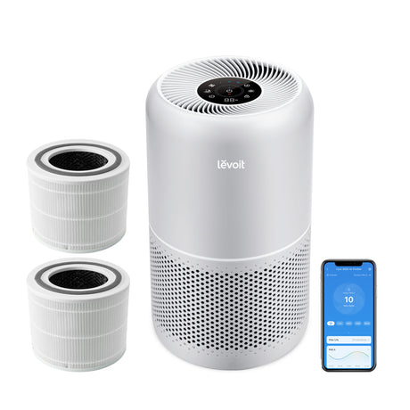 Purificator de aer Smart Levoit Core 300S Plus Wi-Fi, Filtru 3 in 1 True HEPA, Carbon Activ, Senzor Calitate Aer, Mod Auto, Alexa, Google Home, Panou Comanda Touch Screen, Control Remote, Gri + un filtru in plus