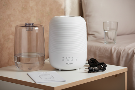 Umidificator Evoair UMIVA 3000 Rezorvor 3L, Capacitate de umidificare 300ml/h, Senzor umiditate, Mod Auto, Autonomie >8 ore, Indicator umiditate și temperatură, Alb