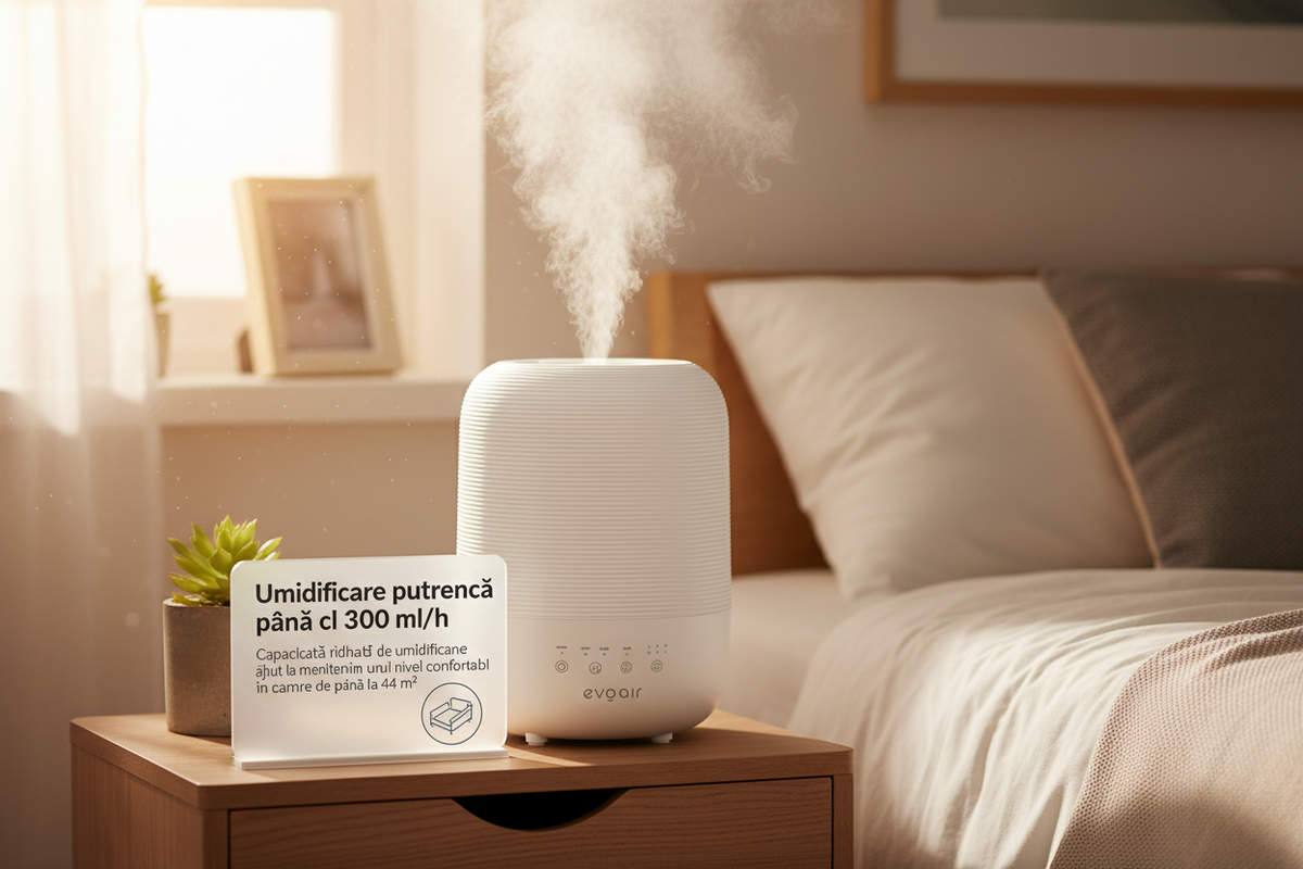 Umidificator Evoair UMIVA 3000 Rezorvor 3L, Capacitate de umidificare 300ml/h, Senzor umiditate, Mod Auto, Autonomie >8 ore, Indicator umiditate și temperatură, Alb