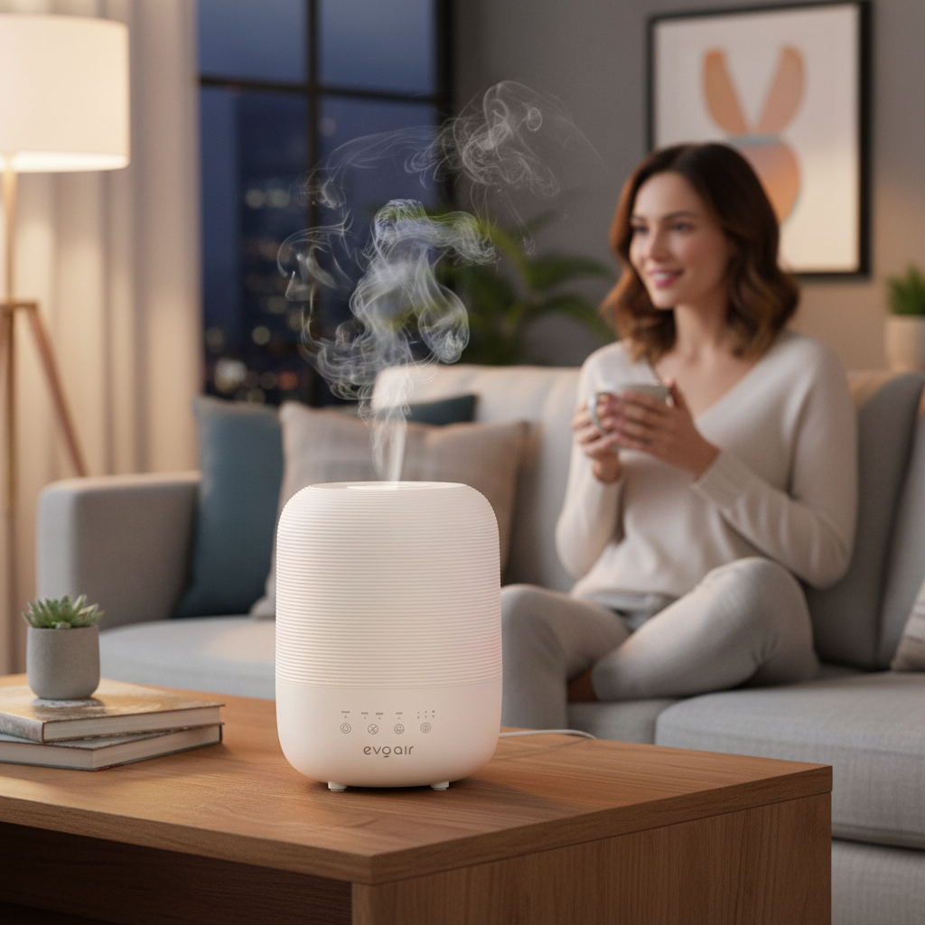 Umidificator Evoair UMIVA 3000 Rezorvor 3L, Capacitate de umidificare 300ml/h, Senzor umiditate, Mod Auto, Autonomie >8 ore, Indicator umiditate și temperatură, Alb