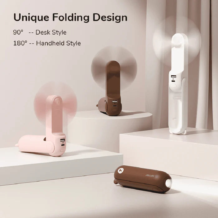 Ventilator portabil de mână JISULIFE, Life8 Plus, autonomie 11-46h, baterie 4500mAh, funcție Power Bank, lanternă LED, design pliabil, 3 viteze, încărcare rapidă, Maro