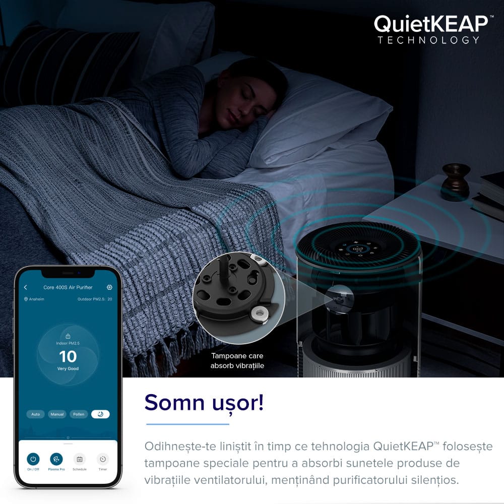 Purificator de aer Smart Levoit Core 400S Wi-Fi, Filtru 3 in 1 True HEPA, Carbon Activ, Senzor Calitate Aer, Mod Auto, Alexa, Google Home, Panou Comanda Touch Screen, Control Remote, Alb