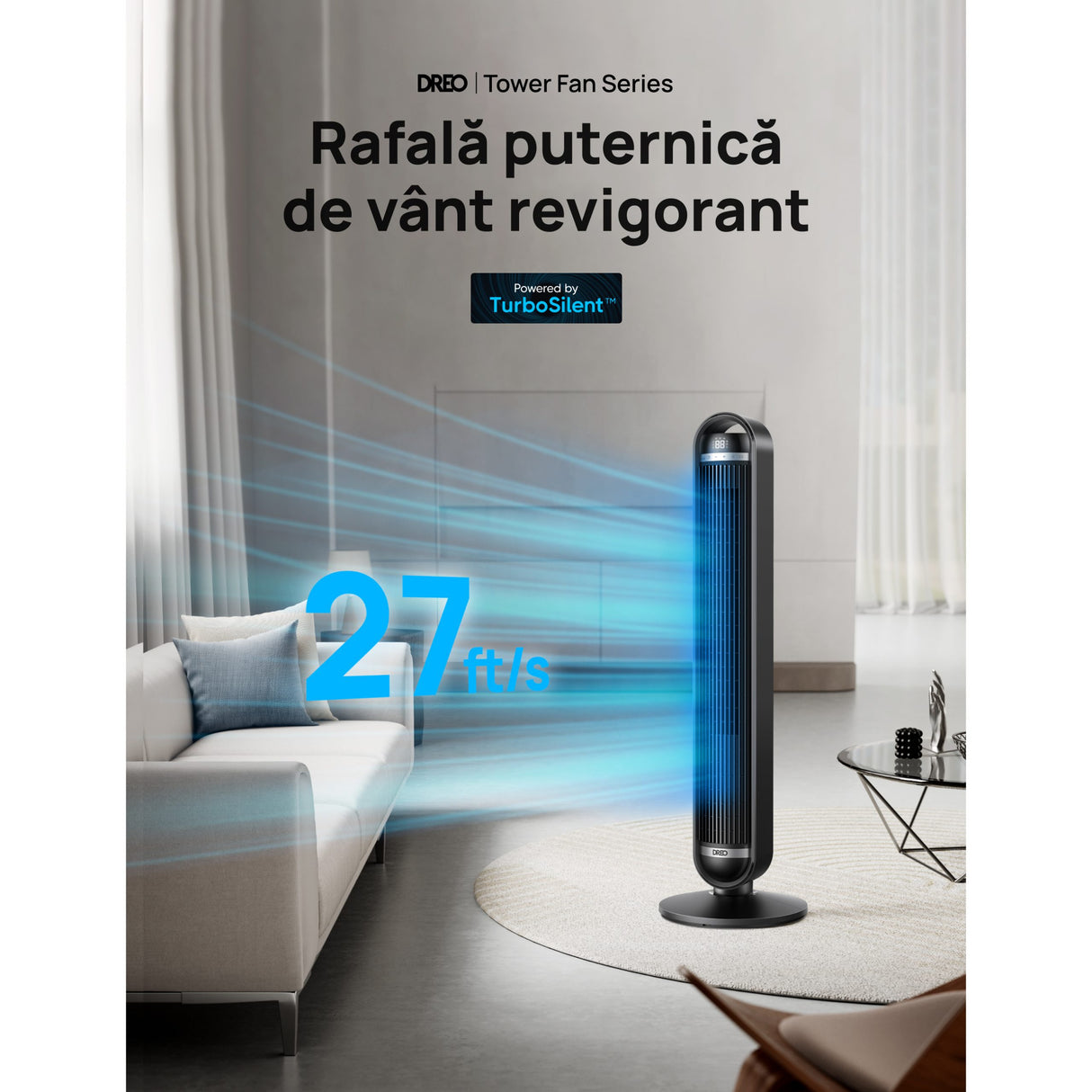 Ventilator Turn Smart DREO Cruiser DR-HTF011S, 9 viteze, 4 functii,106cm, HyperSilent 25dB ,oscilatie 90°, negru