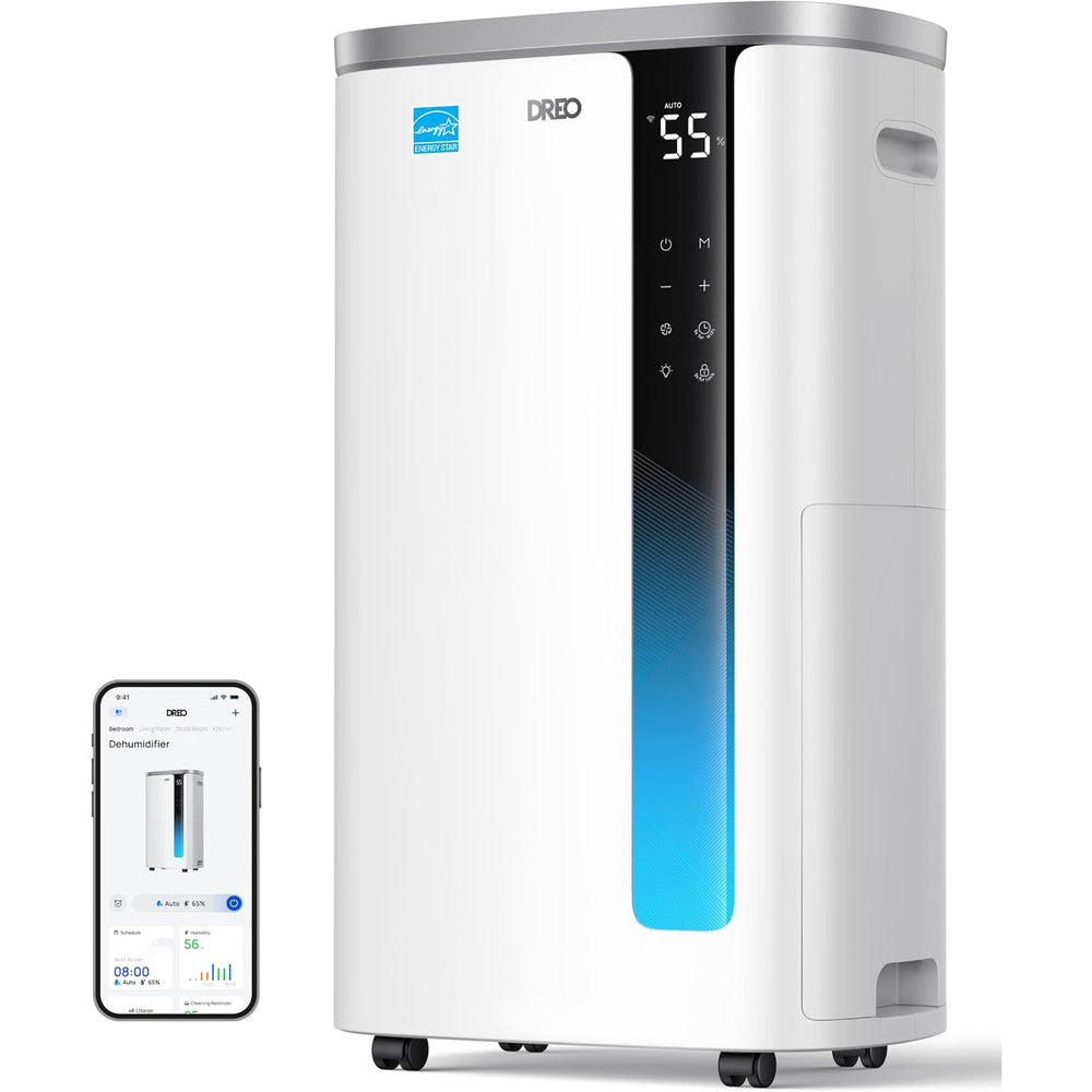 Resigilat! Dezumidificator aer Dreo HDH003S Smart, 34,6 ml/24h, Acoperire 186 m², Wi-Fi, Control automat al umidității, Timer, 3 trepte de ventilare, Temporizator, Lumină Ambientală în 7 culori, Rezervor 7L, Alb