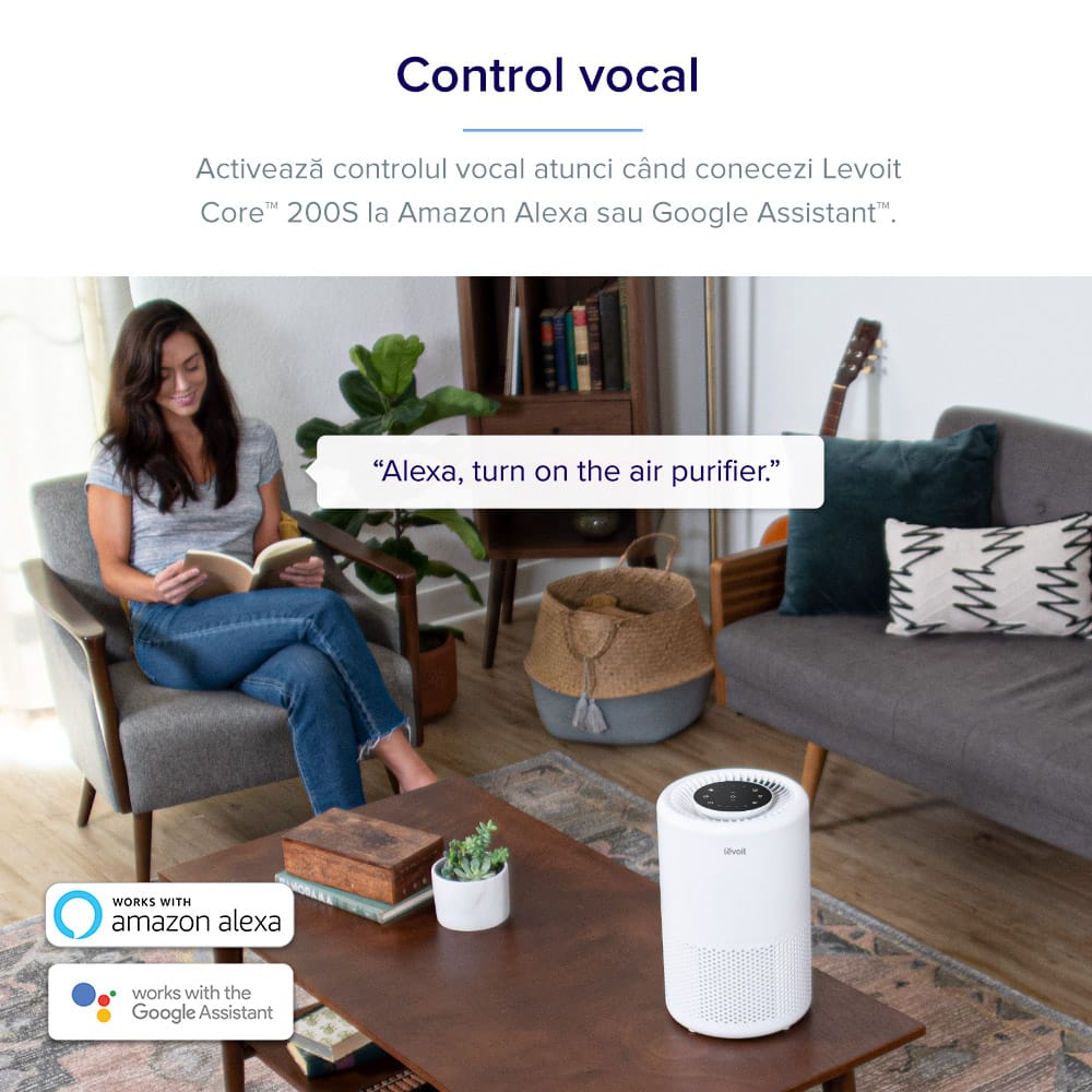 Purificator de Aer Smart Levoit Core 200S Wi-Fi, Filtru 3 in 1 True HEPA, Carbon Activ, Remote Control, Super Silent, Alexa, Google Home, Touch Screen, Alb