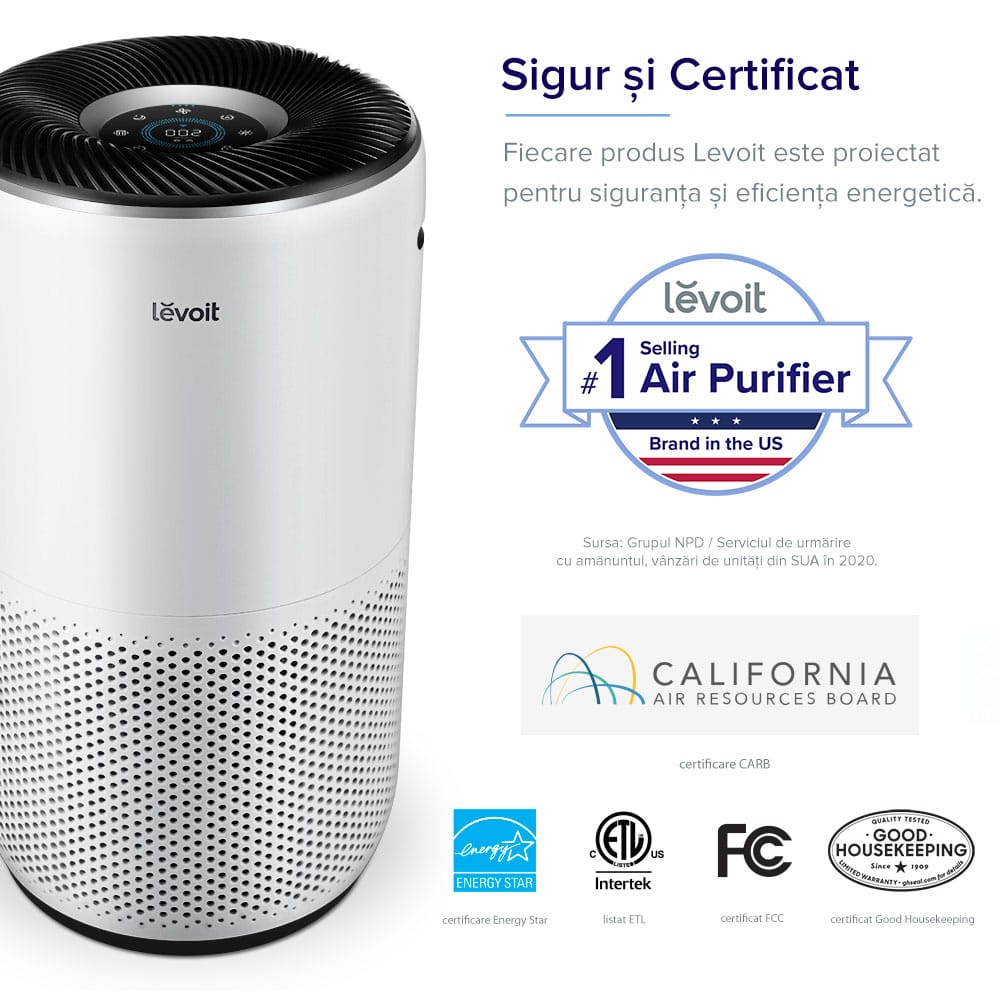 Purificator de aer Smart Levoit Core 400S Wi-Fi, Filtru 3 in 1 True HEPA, Carbon Activ, Senzor Calitate Aer, Mod Auto, Alexa, Google Home, Panou Comanda Touch Screen, Control Remote, Alb