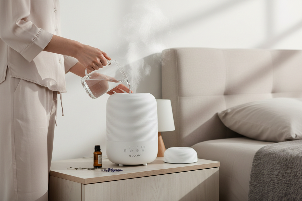 Umidificator Evoair UMIVA 3000 Rezorvor 3L, Capacitate de umidificare 300ml/h, Senzor umiditate, Mod Auto, Autonomie >8 ore, Indicator umiditate și temperatură, Alb