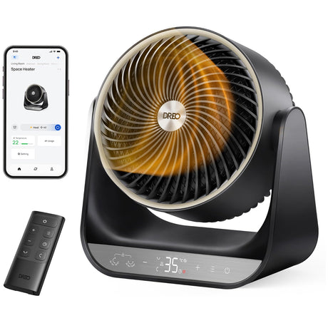 Aerotermă circulară Dreo 714S Smart, 2000W, Heater Ceramică, Termostat, Eco Mode, Funcție Ventilator, Oscilație 90°, Telecomandă, Negru