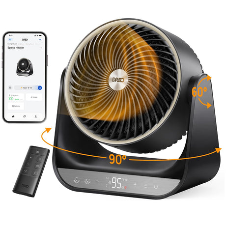 Aerotermă circulară Dreo 714S Smart, 2000W, Heater Ceramică, Termostat, Eco Mode, Funcție Ventilator, Oscilație 90°, Telecomandă, Negru