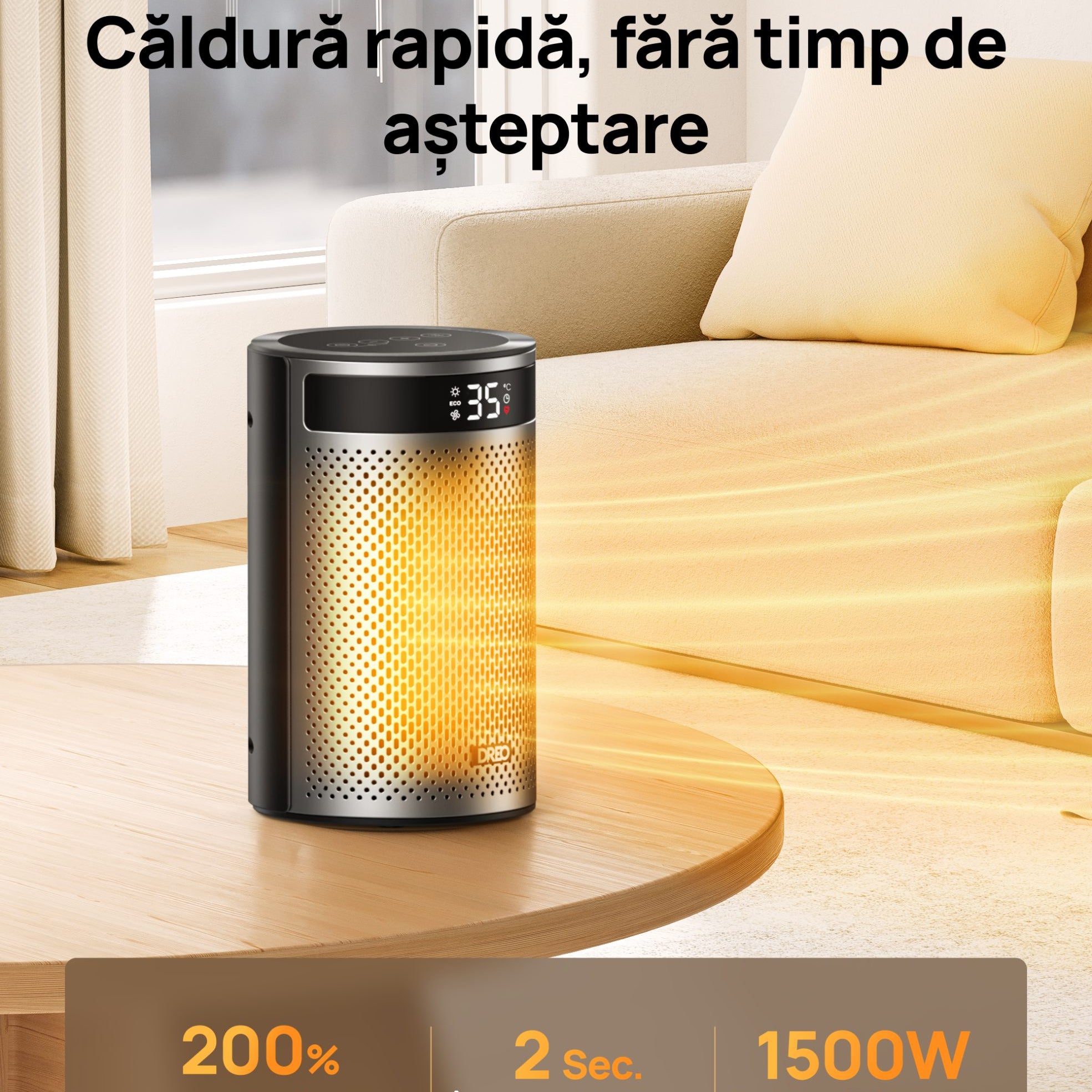 Aeroterma Dreo Atom 416, 1500W, Heater Ceramica, Termostat, Timer 12h, Display LED, Eco Mode, Silentios, Mod Eco, Telecomanda, Negru&Argintiu