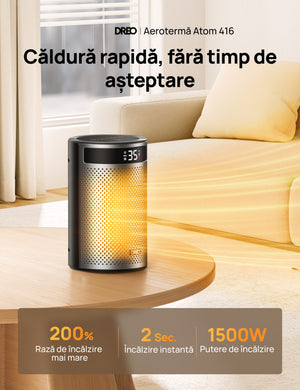 Aeroterma Dreo Atom 416, 1500W, Heater Ceramica, Termostat, Timer 12h, Display LED, Eco Mode, Silentios, Mod Eco, Telecomanda, Negru&Argintiu