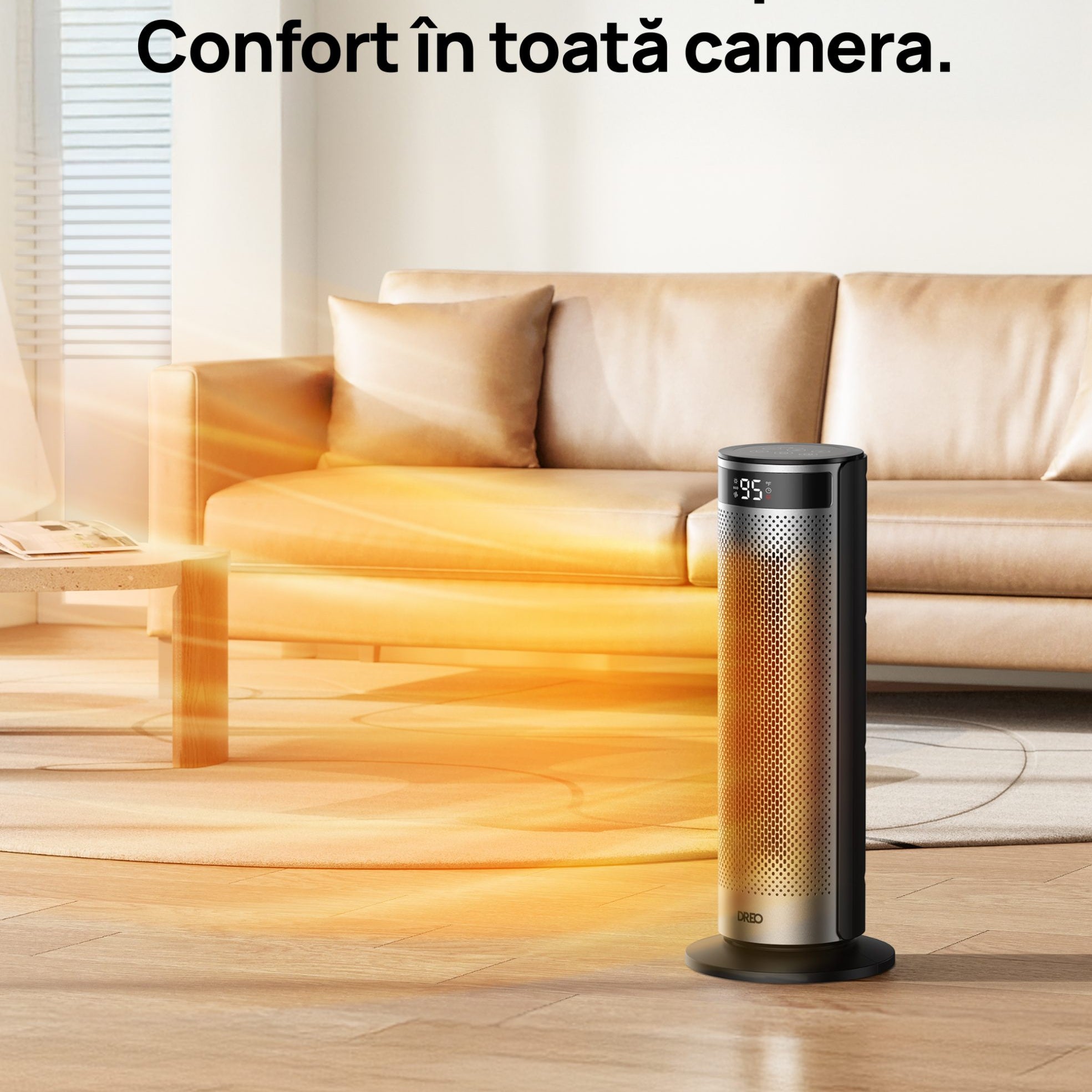 Aeroterma Dreo Solaris SH628, 2000W, Heater Ceramica, Termostat, Eco Mode, Funcție Ventilator, Oscilatie 70°, Timer 12h, Silentios, Display LED, Telecomanda, Negru&Argintiu