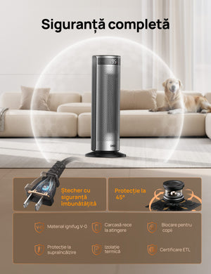 Aeroterma Dreo Solaris SH628, 2000W, Heater Ceramica, Termostat, Eco Mode, Funcție Ventilator, Oscilatie 70°, Timer 12h, Silentios, Display LED, Telecomanda, Negru&Argintiu