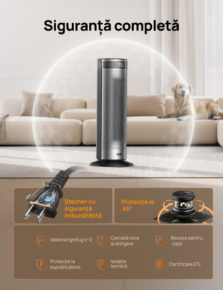 Aeroterma Dreo Solaris SH628, 2000W, Heater Ceramica, Termostat, Eco Mode, Funcție Ventilator, Oscilatie 70°, Timer 12h, Silentios, Display LED, Telecomanda, Negru&Argintiu
