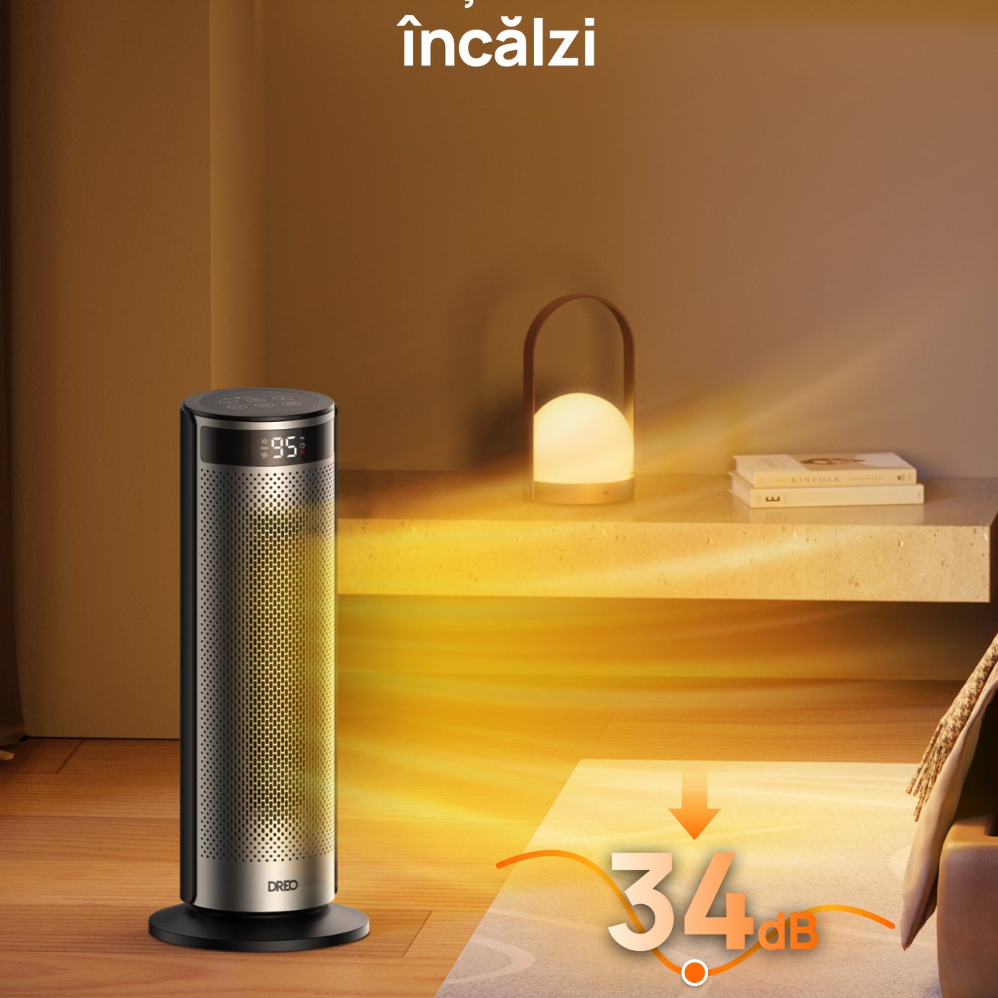 Aeroterma Dreo Solaris SH628, 2000W, Heater Ceramica, Termostat, Eco Mode, Funcție Ventilator, Oscilatie 70°, Timer 12h, Silentios, Display LED, Telecomanda, Negru&Argintiu