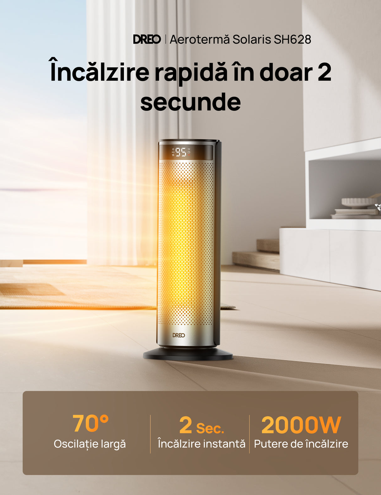 Aeroterma Dreo Solaris SH628, 2000W, Heater Ceramica, Termostat, Eco Mode, Funcție Ventilator, Oscilatie 70°, Timer 12h, Silentios, Display LED, Telecomanda, Negru&Argintiu