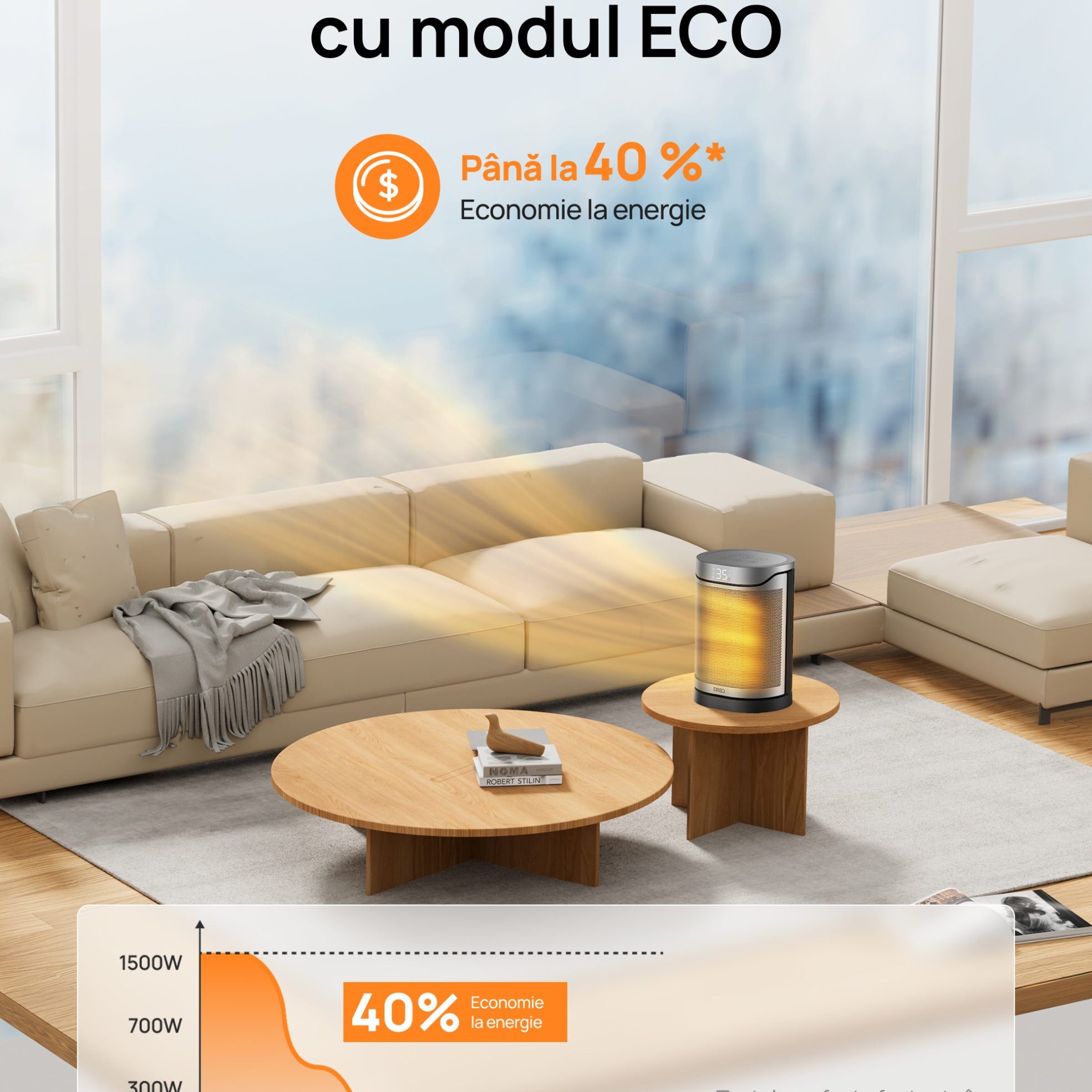 Aeroterma Dreo Atom 318, 1500W, Heater Ceramica, Termostat, Eco Mode, Funcție Ventilator, Oscilatie 70°, Timer 12h, Silentios, Display LED, Telecomanda, Negru&Argintiu