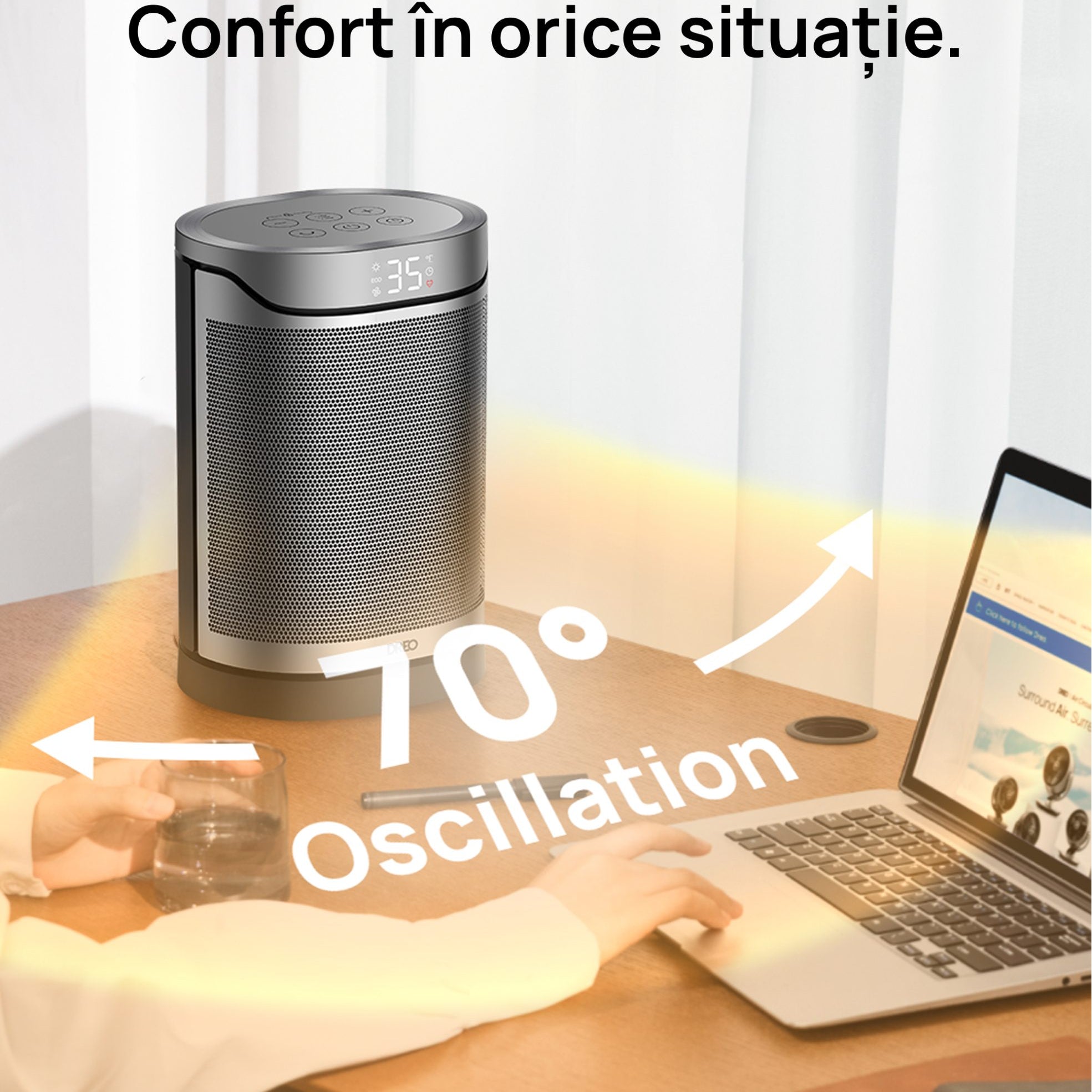 Aeroterma Dreo Atom 318, 1500W, Heater Ceramica, Termostat, Eco Mode, Funcție Ventilator, Oscilatie 70°, Timer 12h, Silentios, Display LED, Telecomanda, Negru&Argintiu