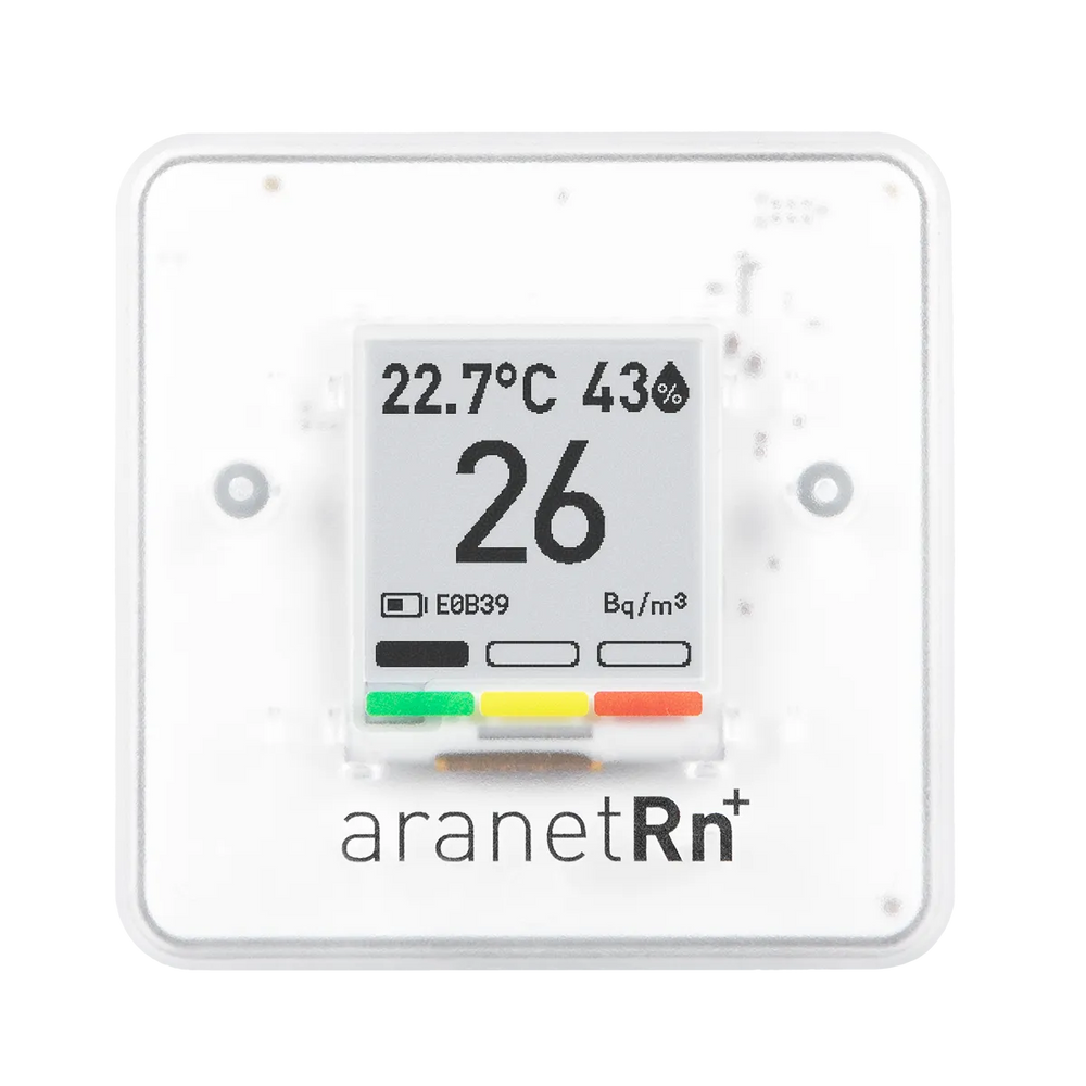 Detector digital de radon pentru locuință Aranet, monitorizare a temperaturii, umidității și presiunii atmosferice, ecran E-Ink, portabil, Free App, Alb