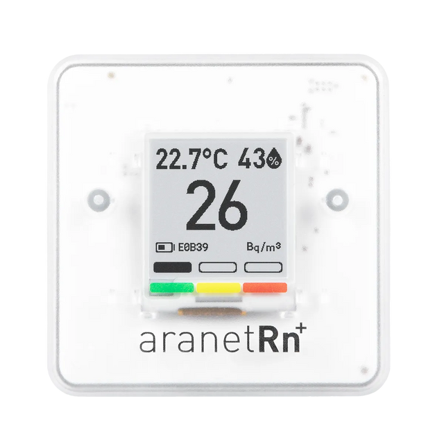 Detector digital de radon pentru locuință Aranet, monitorizare a temperaturii, umidității și presiunii atmosferice, ecran E-Ink, portabil, Free App, Alb