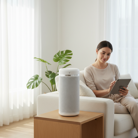 Aerotermă ceramică evoair Warmix 2200 Smart White, Wi-Fi, Control Aplicație SmartLife, Încălzire Ceramică PTC, Senzor Smart Motion, Telecomandă, Oscilație Automată, Timer 8h, Protecție Răsturnare, Ecran Tactil, Alb
