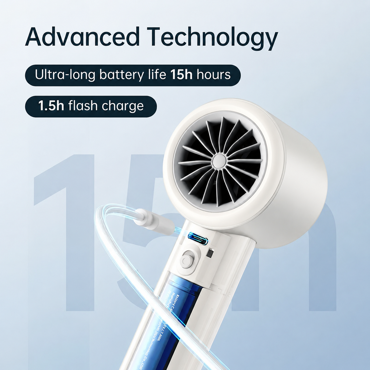 Ventilator portabil de mână JISULIFE Pro1, autonomie 2-12h, baterie 3600mAh, 100 viteze, încărcare rapidă, Afișaj LED, Alb