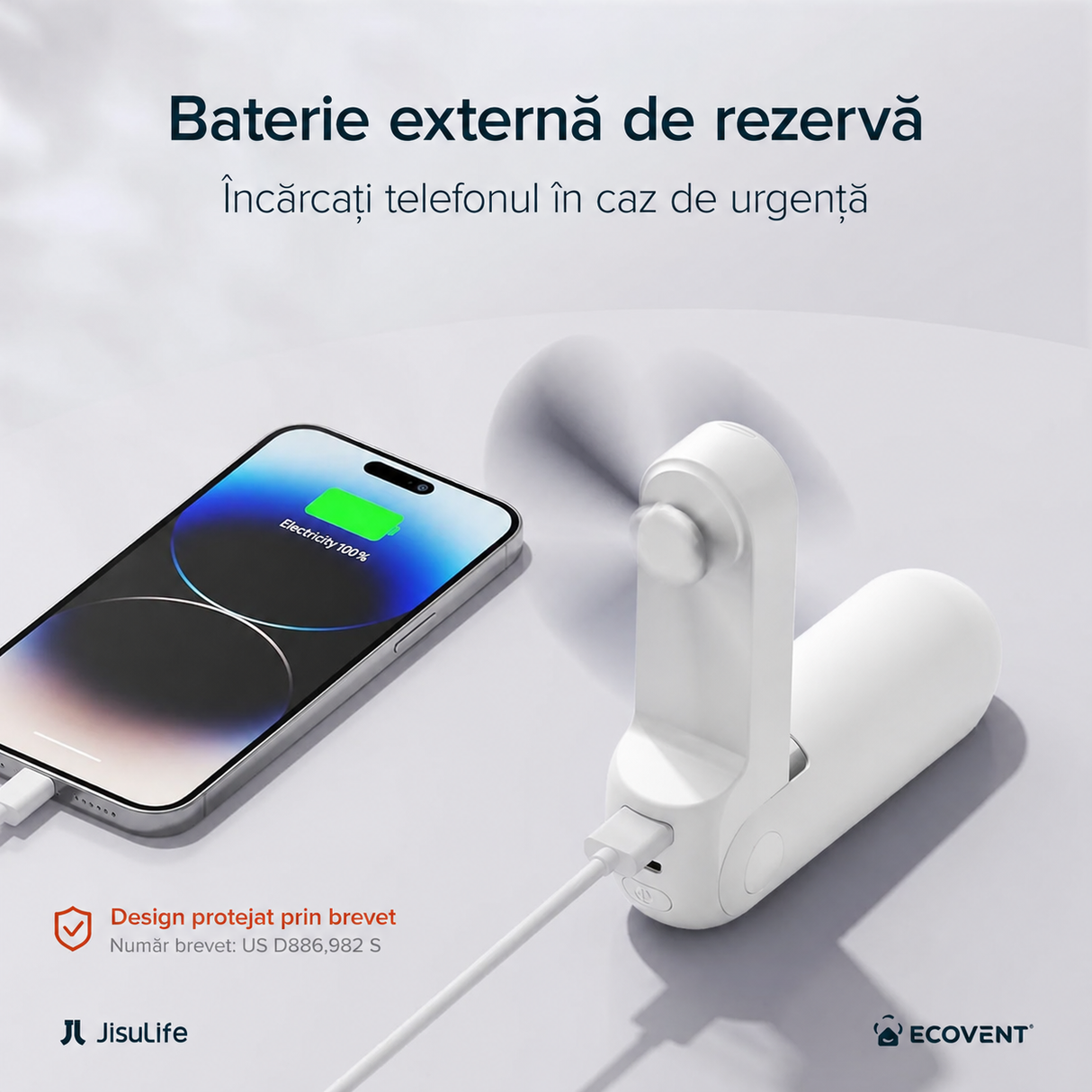 Ventilator portabil de mână JISULIFE, Life8, autonomie 12-21h, baterie 2000mAh, funcție Power Bank, lanternă LED, design pliabil, 2 viteze, încărcare rapidă, Alb