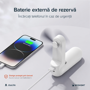 Ventilator portabil de mână JISULIFE, Life8, autonomie 12-21h, baterie 2000mAh, funcție Power Bank, lanternă LED, design pliabil, 2 viteze, încărcare rapidă, Alb