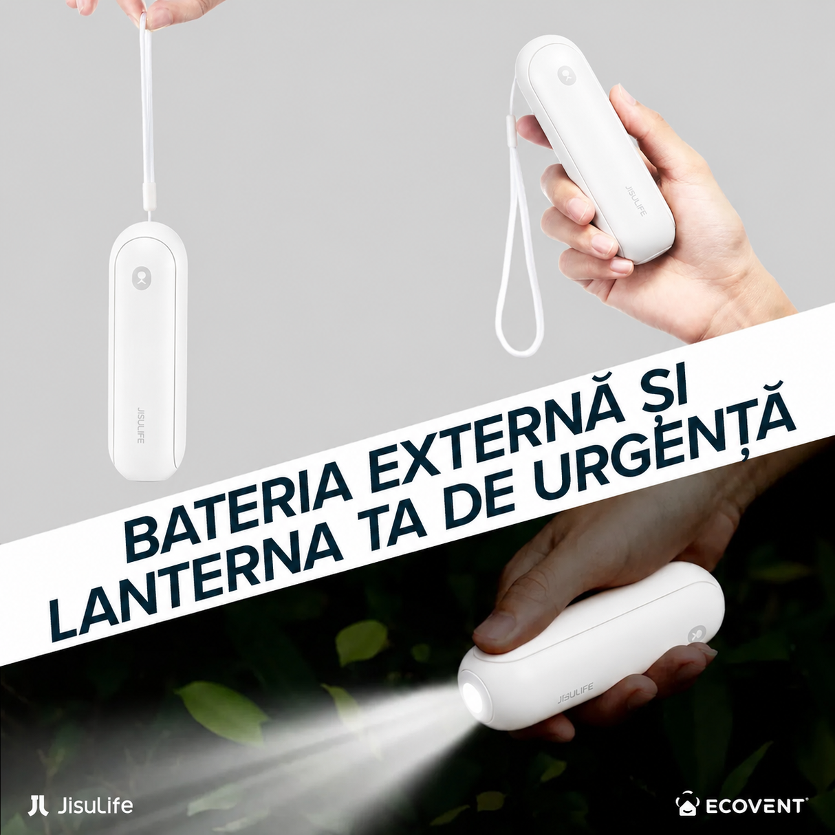 Ventilator portabil de mână JISULIFE, Life8, autonomie 12-21h, baterie 2000mAh, funcție Power Bank, lanternă LED, design pliabil, 2 viteze, încărcare rapidă, Alb