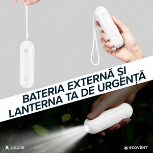 Ventilator portabil de mână JISULIFE, Life8, autonomie 12-21h, baterie 2000mAh, funcție Power Bank, lanternă LED, design pliabil, 2 viteze, încărcare rapidă, Alb