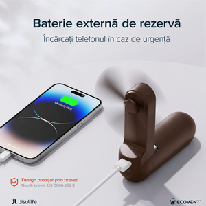 Ventilator portabil de mână JISULIFE, Life8, autonomie 12-21h, baterie 2000mAh, funcție Power Bank, lanternă LED, design pliabil, 2 viteze, încărcare rapidă, Maro