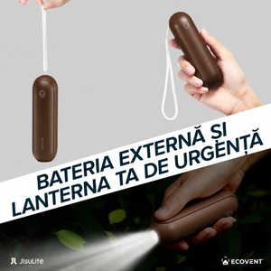 Ventilator portabil de mână JISULIFE, Life8, autonomie 12-21h, baterie 2000mAh, funcție Power Bank, lanternă LED, design pliabil, 2 viteze, încărcare rapidă, Maro