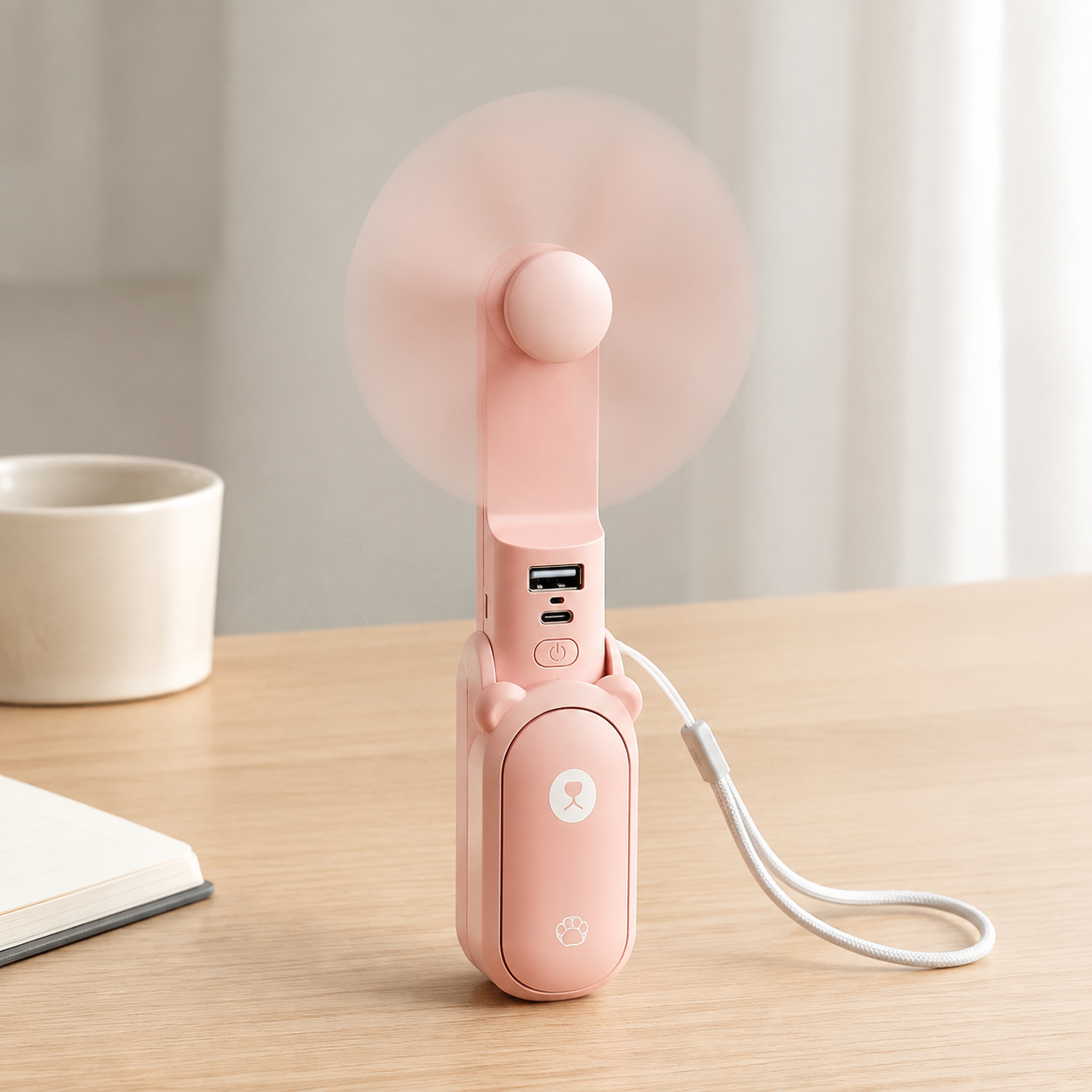Ventilator portabil de mână JISULIFE, Life8, autonomie 12-21h, baterie 2000mAh, funcție Power Bank, lanternă LED, design pliabil, 2 viteze, încărcare rapidă, Roz