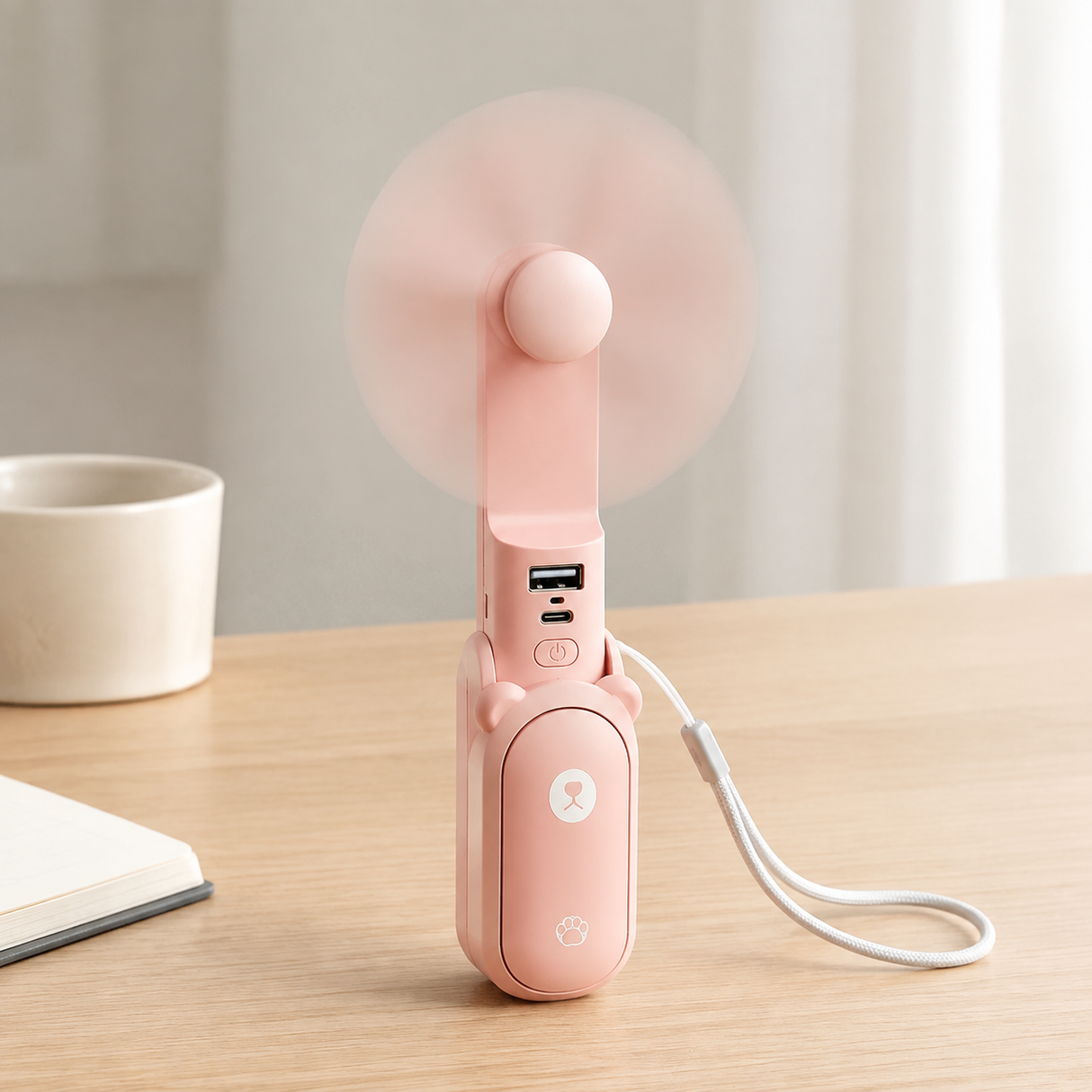 Ventilator portabil de mână JISULIFE, Life8, autonomie 12-21h, baterie 2000mAh, funcție Power Bank, lanternă LED, design pliabil, 2 viteze, încărcare rapidă, Roz