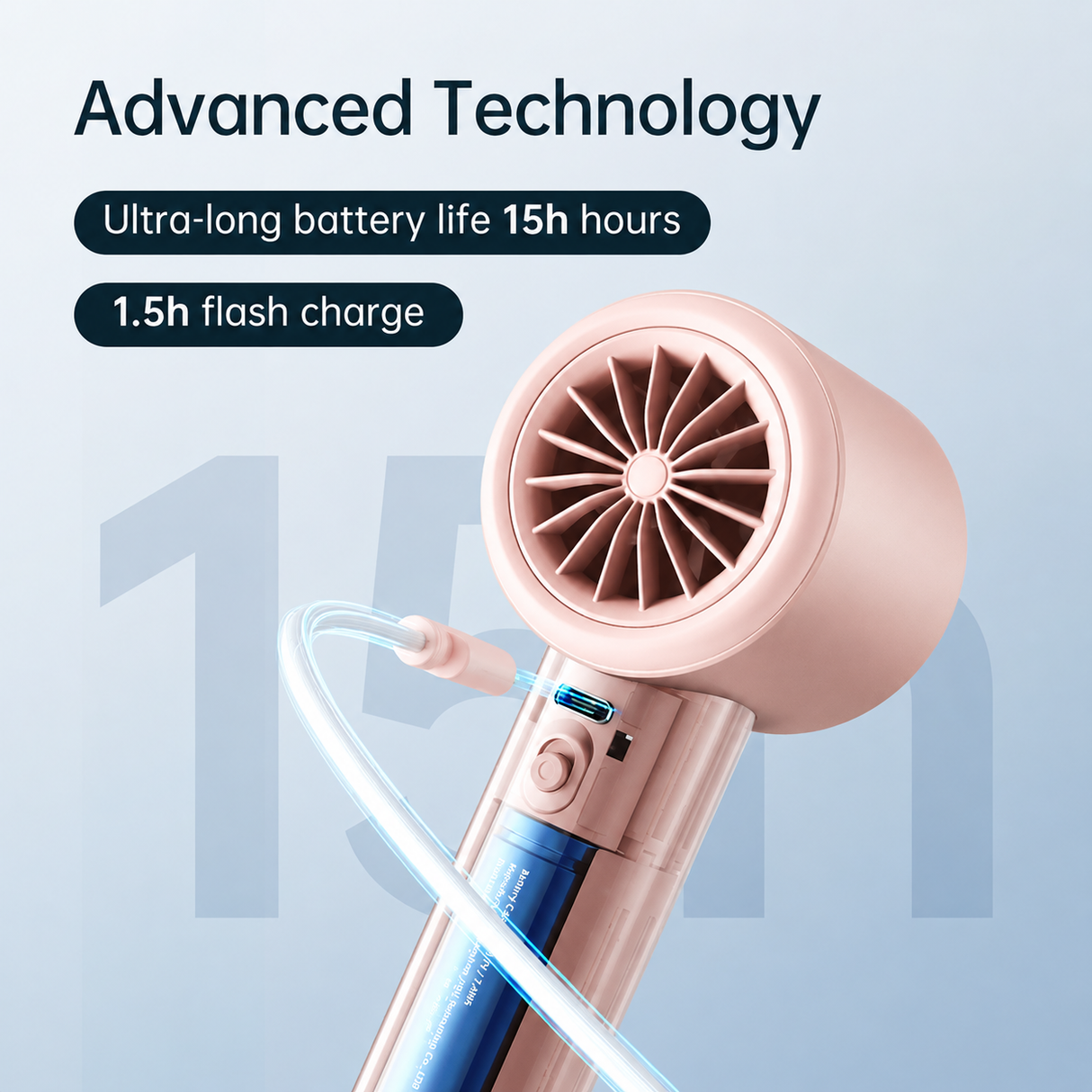 Ventilator portabil de mână JISULIFE Pro1, autonomie 2-12h, baterie 3600mAh, 100 viteze, încărcare rapidă, Afișaj LED, Roz