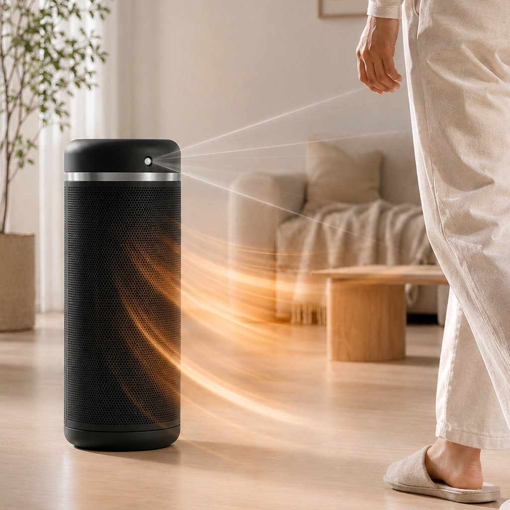 Aerotermă ceramică evoair Warmix 2200 Smart Black, Wi-Fi, Control Aplicație SmartLife, Încălzire Ceramică PTC, Senzor Smart Motion, Telecomandă, Oscilație Automată, Timer 8h, Protecție Răsturnare, Ecran Tactil, Negru.