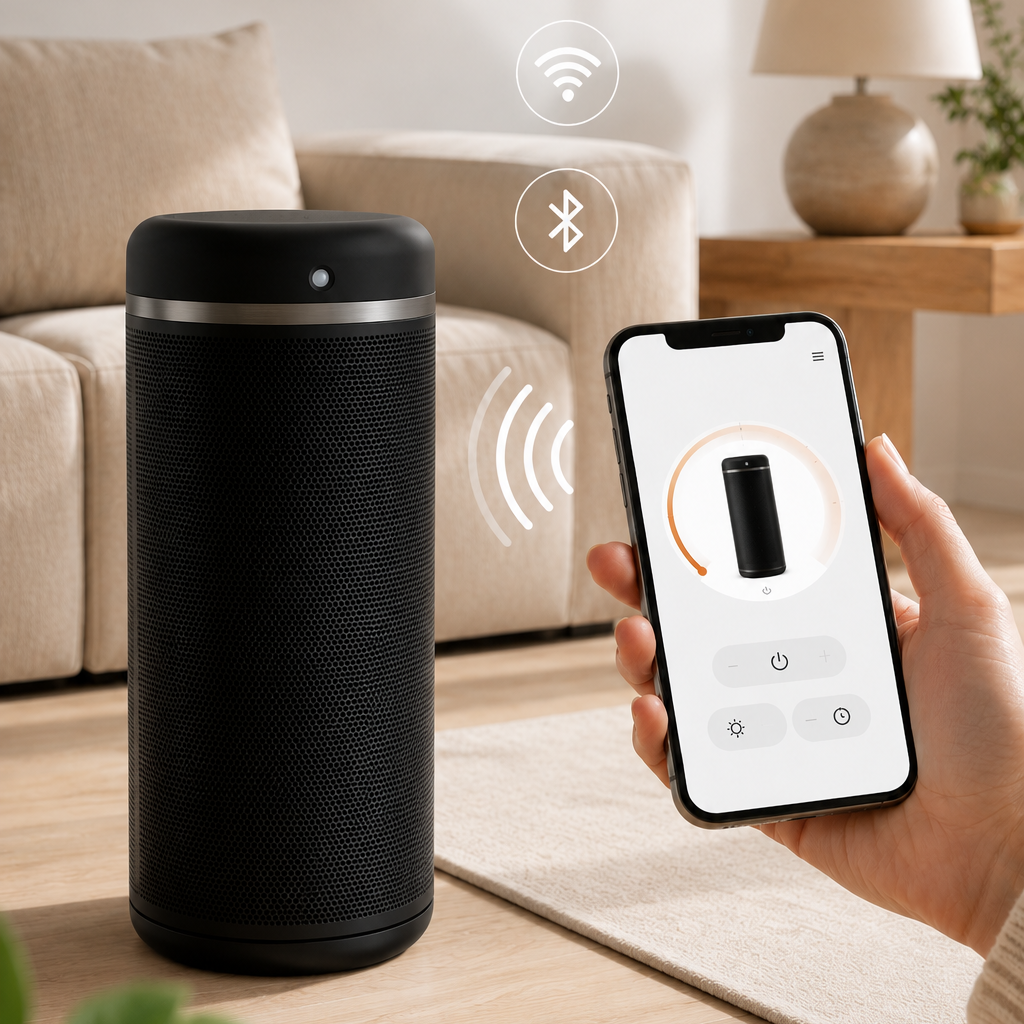 Aerotermă ceramică evoair Warmix 2200 Smart Black, Wi-Fi, Control Aplicație SmartLife, Încălzire Ceramică PTC, Senzor Smart Motion, Telecomandă, Oscilație Automată, Timer 8h, Protecție Răsturnare, Ecran Tactil, Negru.