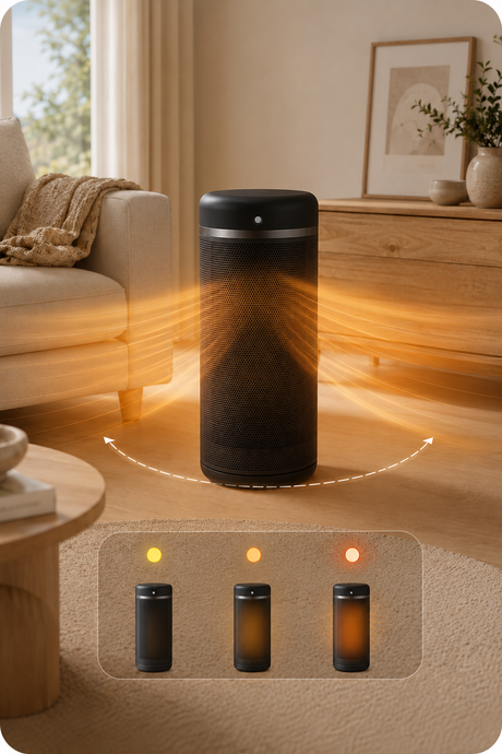 Aerotermă ceramică evoair Warmix 2200 Smart Black, Wi-Fi, Control Aplicație SmartLife, Încălzire Ceramică PTC, Senzor Smart Motion, Telecomandă, Oscilație Automată, Timer 8h, Protecție Răsturnare, Ecran Tactil, Negru.