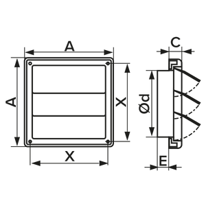 Grila ventilatie Ø150-160mm patrata cu lamele gravitationale, exterior 190х190, ASA plastic Alb