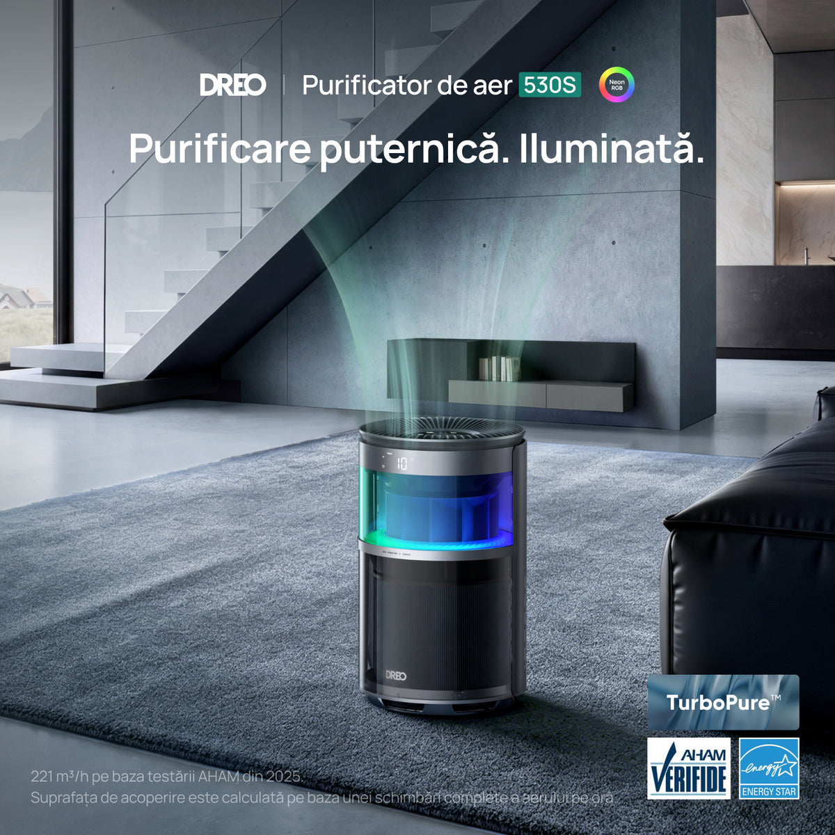 Purificator aer Dreo 530AS Smart, Wifi, 221 m³/h, Filtru 3 in 1 True HEPA, DREO HyperSilent™, 4 trepte de viteză, Mod Turbo, Mod Auto, Mod de noapte, Senzor calitate aer, Lumină ambientală, Până la 90 m², Negru