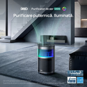 Purificator aer Dreo 530AS Smart, Wifi, 221 m³/h, Filtru 3 in 1 True HEPA, DREO HyperSilent™, 4 trepte de viteză, Mod Turbo, Mod Auto, Mod de noapte, Senzor calitate aer, Lumină ambientală, Până la 90 m², Negru