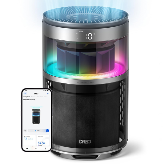 Purificator aer Dreo 530AS Smart, Wifi, 221 m³/h, Filtru 3 in 1 True HEPA, DREO HyperSilent™, 4 trepte de viteză, Mod Turbo, Mod Auto, Mod de noapte, Senzor calitate aer, Lumină ambientală, Până la 90 m², Negru