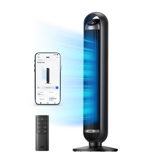Ventilator Turn Smart Dreo DR-HTF013S, Telecomandă, 8 Viteze, 4 Moduri Funcționare, Oscilație Automată 90°, Timer 8H, Control WiFi, Motor DC Silențios, Negru
