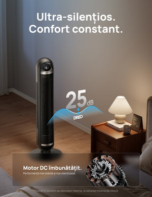 Ventilator Turn Smart Dreo DR-HTF013S, Telecomandă, 8 Viteze, 4 Moduri Funcționare, Oscilație Automată 90°, Timer 8H, Control WiFi, Motor DC Silențios, Negru