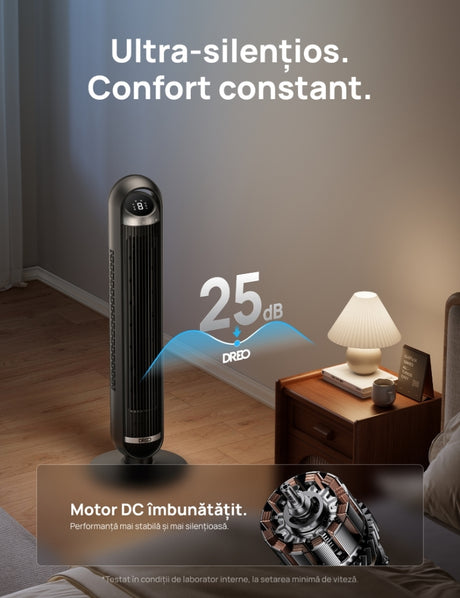 Ventilator Turn Smart Dreo DR-HTF013S, Telecomandă, 8 Viteze, 4 Moduri Funcționare, Oscilație Automată 90°, Timer 8H, Control WiFi, Motor DC Silențios, Negru